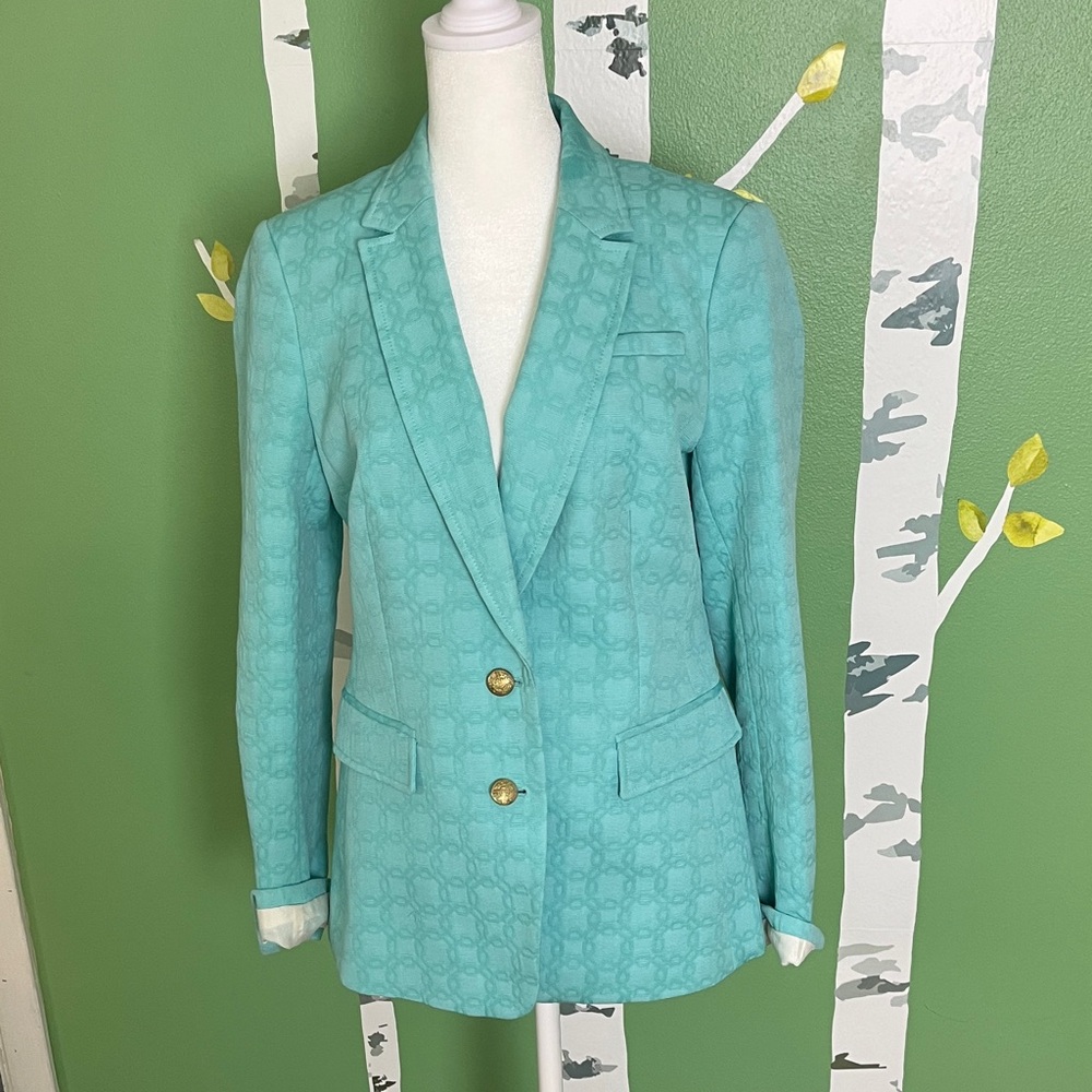 Banana Republic Teal Jacquard Blazer with Gold Buttons
